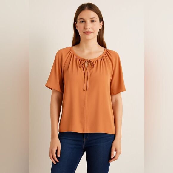 Classic Ann Taylor Factory NWT Orange Tie-Neck Blouse – Size L - Picture 1 of 4